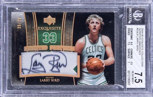 2005-06 UD "Exquisite Collection" Scripted Swatches #SSLB Larry Bird Signed Game Used Patch Card (#25/25) - BGS NM+ 7.5/BGS 9